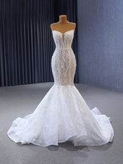 White Mermaid Tulle Pearls Strapless Wedding Dress