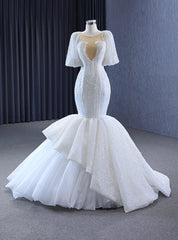 White Mermaid Tulle Puff Sleeve Wedding Dress