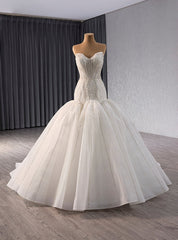 White Mermaid Tulle Strapless Beading Sequins Wedding Dress