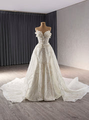 White Mermaid Tulle Strapless Beading Wedding Dress With Detachable Tail