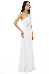 Prom Dresses Stores Near Me, White One Shoulder Chiffon Pleats Beading Bridesmaid Dresses