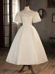 White Puff Sleeve Off the Shoulder Beading Wedding Dress