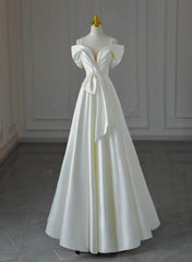 White Satin A-line Off Shoulder Evening Dress, White Satin Long Wedding Party Dress