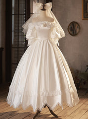 White Satin Lace Off the Shoulder Puff Sleeve Wedding Dress