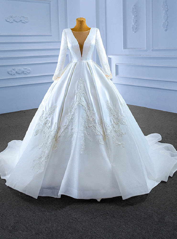 White Satin Long Sleeve Appliques Appliques Wedding Dress