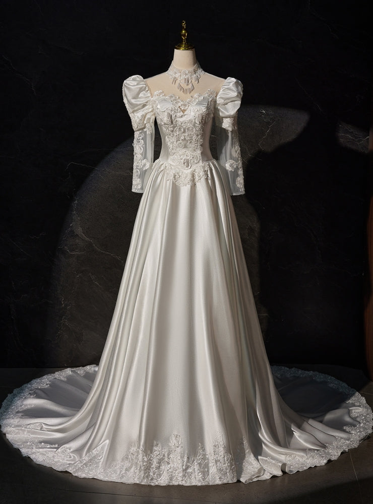 White Satin Long Sleeve Appliques Wedding Dress