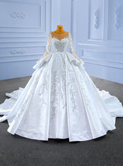 White Satin Long Sleeve Beading Sequins Wedding Dress