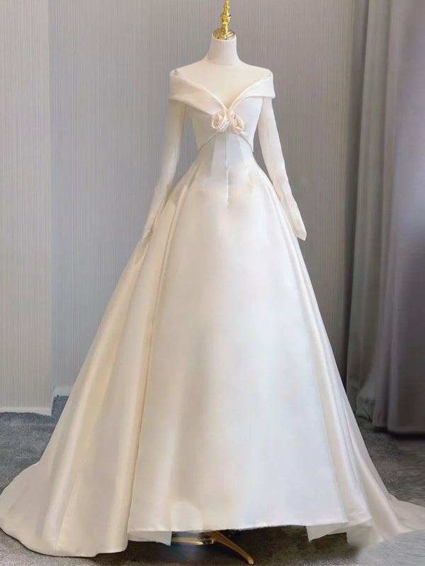 White Satin Long Sleeve Wedding Dress