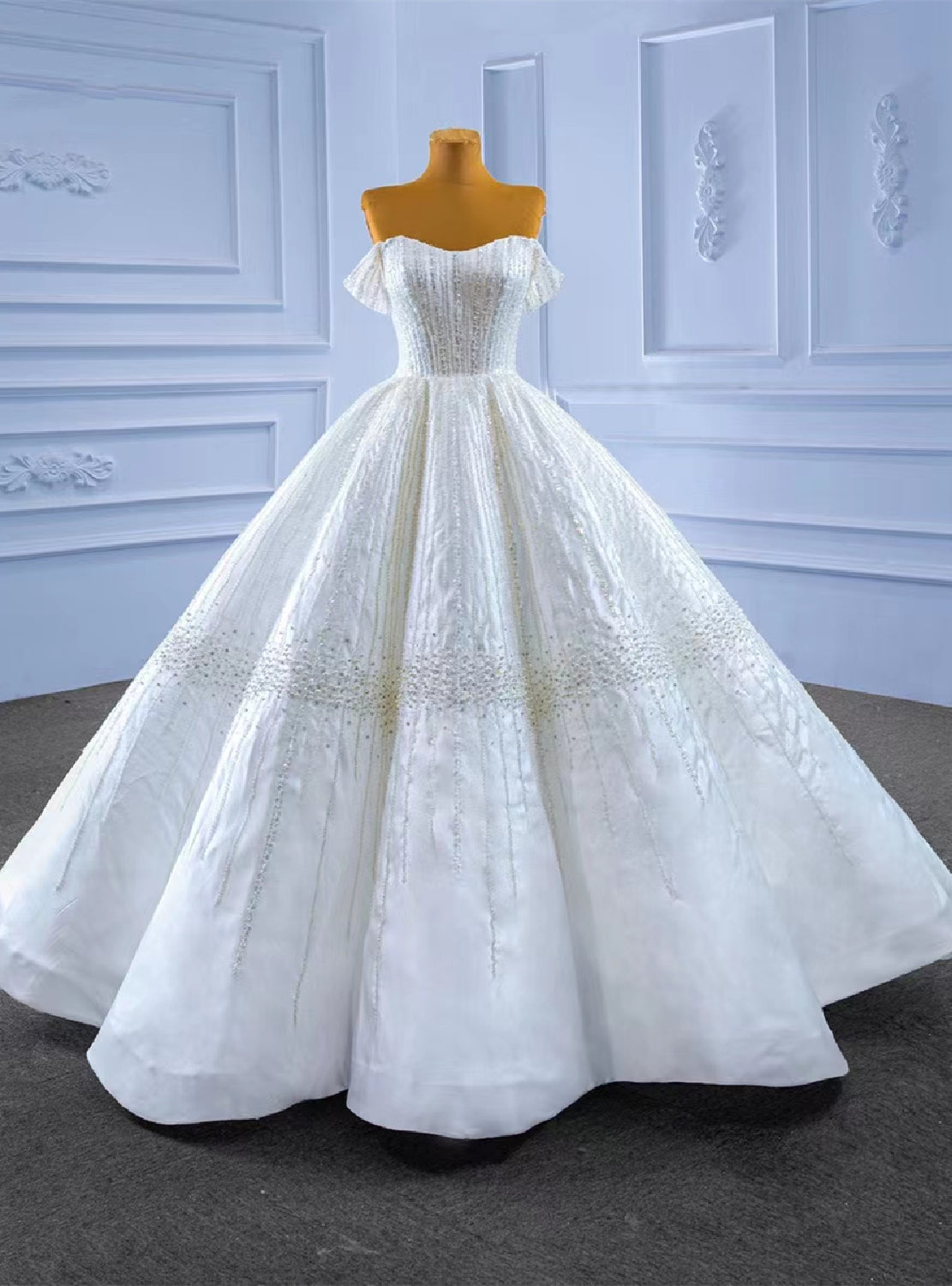 White Satin Off the Shoulder Heavy Beading Sequins Wedding Dress