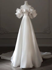 White Satin Off the Shoulder Puff Sleeve Pleats Wedding Dress