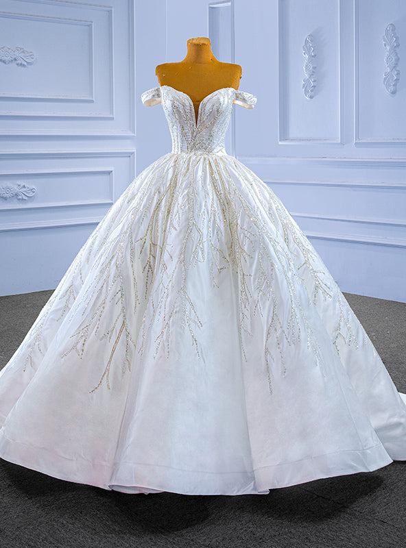 White Satin Off the Shoulder Sequins Appliques Wedding Dress