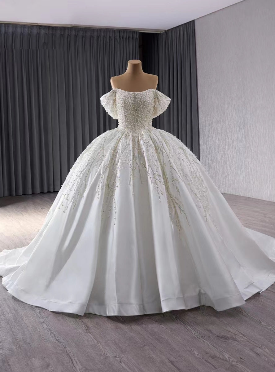 White Satin Off the Shoulder Sequins Pearls Wedding Dress