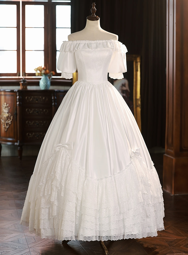 White Satin Short Sleeve Off the Shoulder Wedding Dress