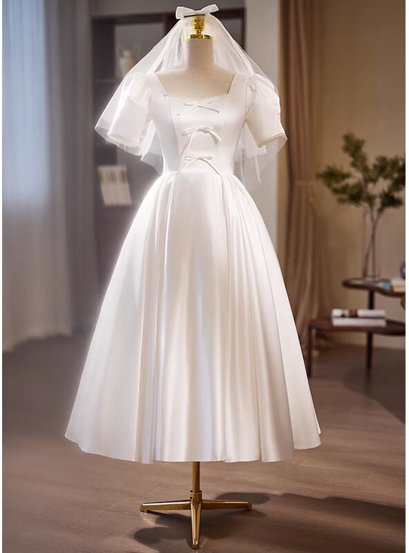 White Satin Square Neck Short Sleeve Pearls Wedding Dress