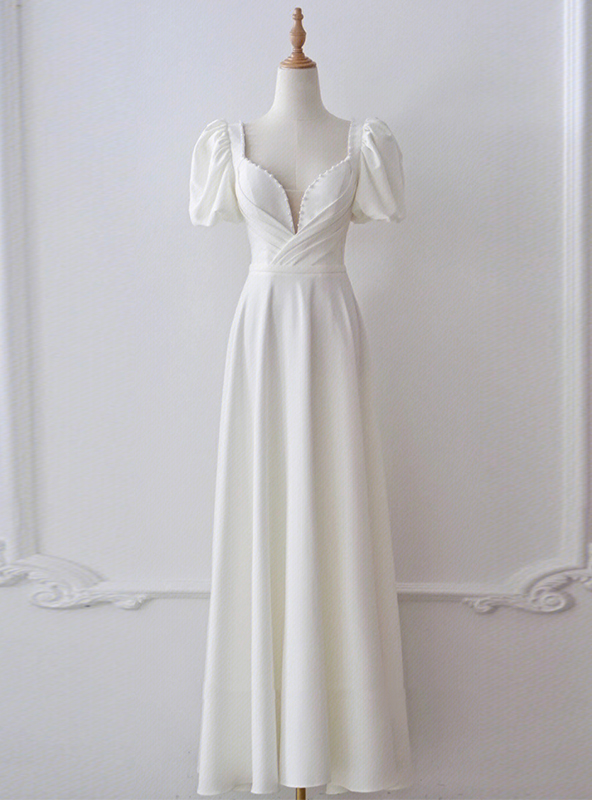 White Satin Square Puff Sleeve Wedding Dress