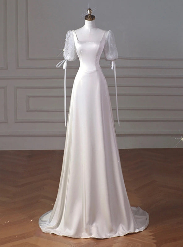 White Satin Square Short Sleeve Wedding Dress