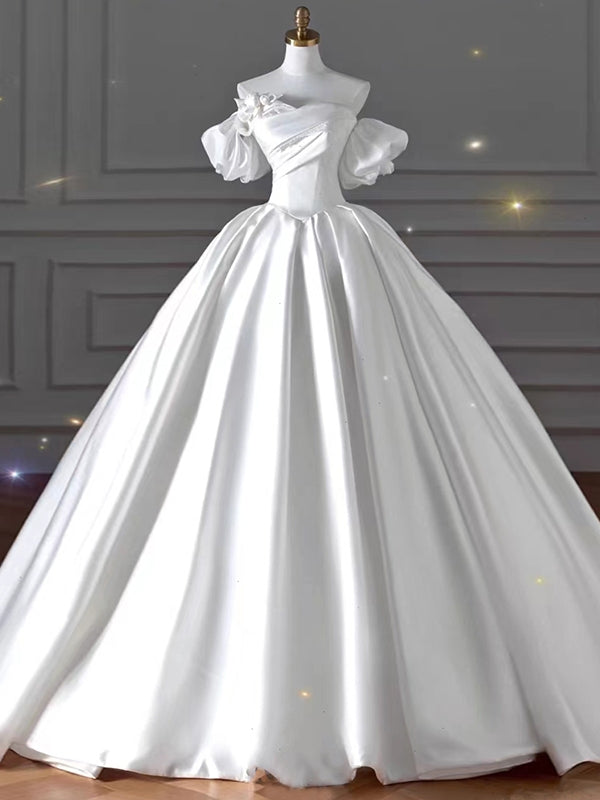 White Satin Strapless Pleats Beading Wedding Dress