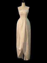 White Satin Strapless Tea Length Wedding Dress