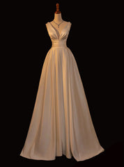 White Satin V-neck Pleats Wedding Dress