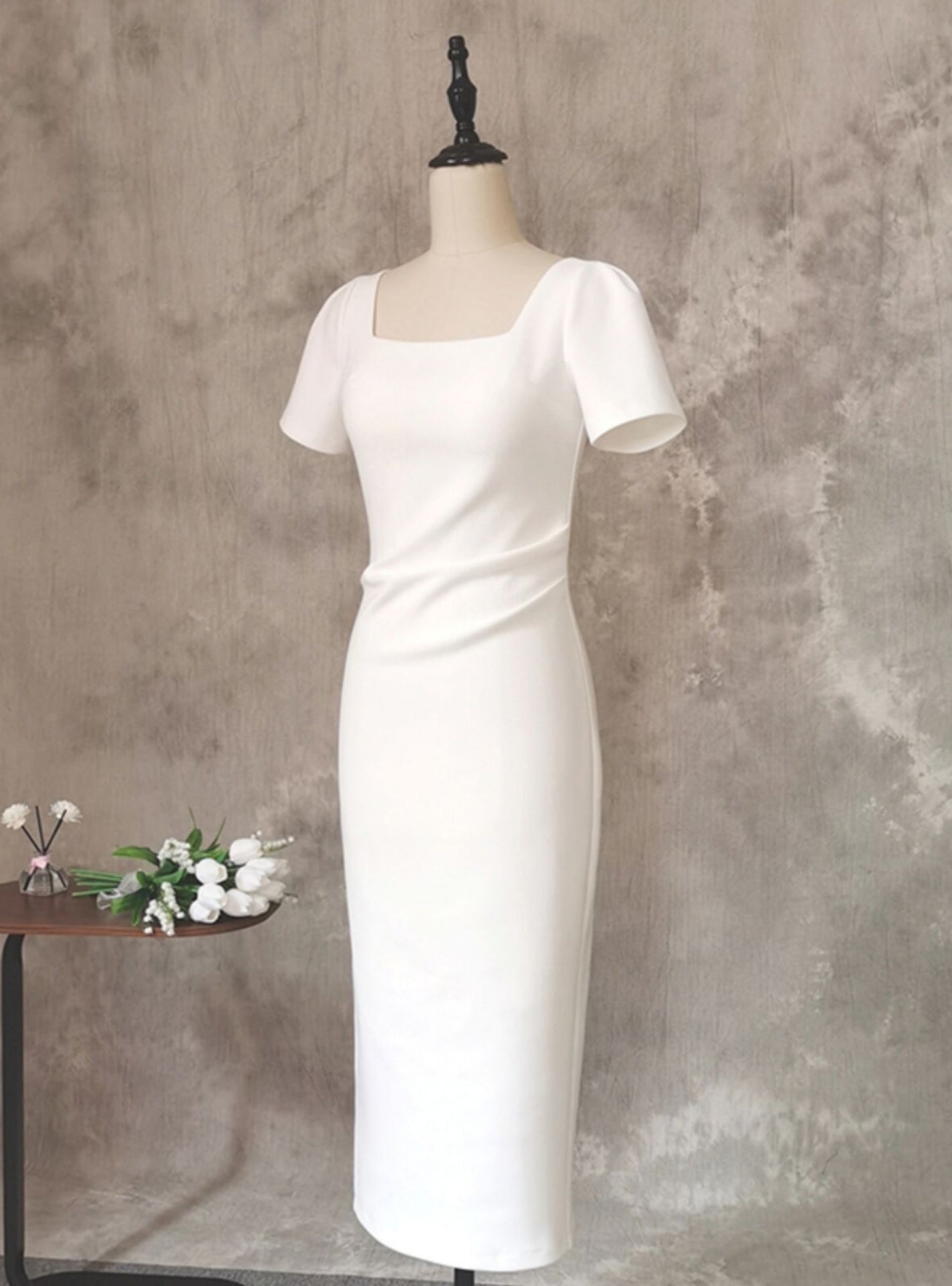 White Short Sleeve Pleats Wedding Dress