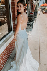 White Spaghetti Straps Backless Long Prom Dress With Beading