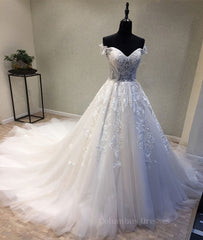 Wedding Dress Colored, White sweetheart tulle lace applique long prom dress, wedding dress