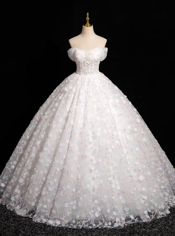 White Tulle 3D Flower Off the Shoulder Quinceanera Dress