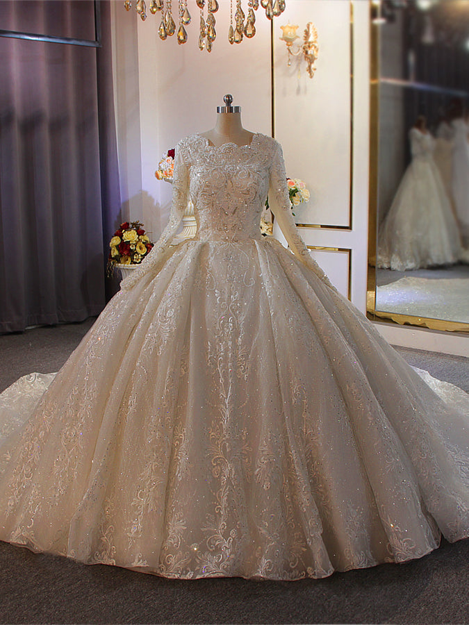 White Tulle Appliques Long Sleeve Beading Wedding Dress