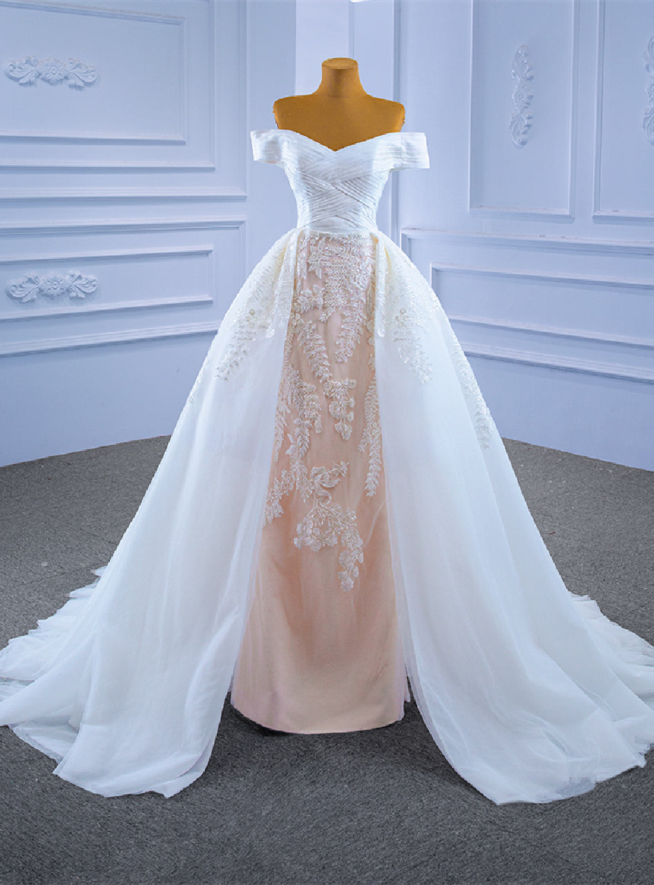 White Tulle Appliques Pleats Off the Shoulder Wedding Dress