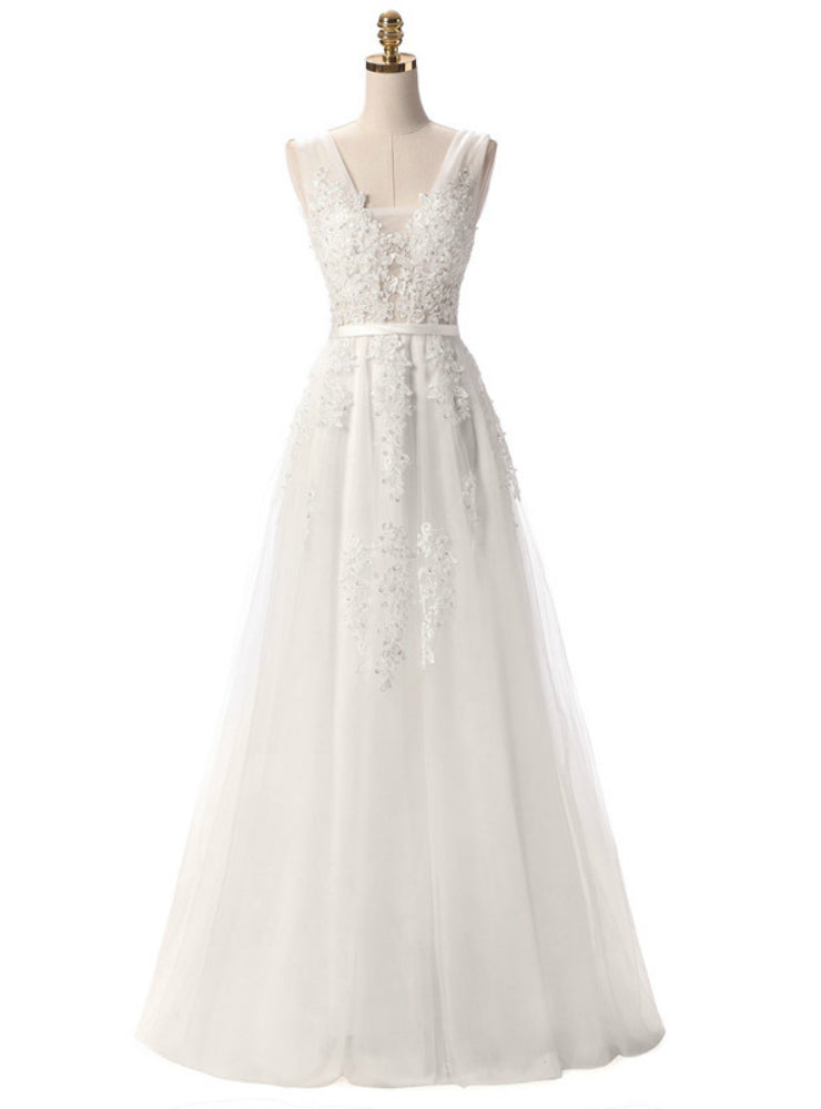 White Tulle Lace Backless Bridesmaid Dress