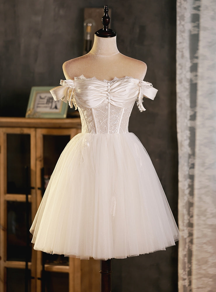 White Tulle Lace Off the Shoulder Button Homecoming Dress