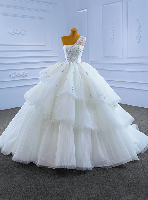 White Tulle One Shoulder Pleats Beading Wedding Dress