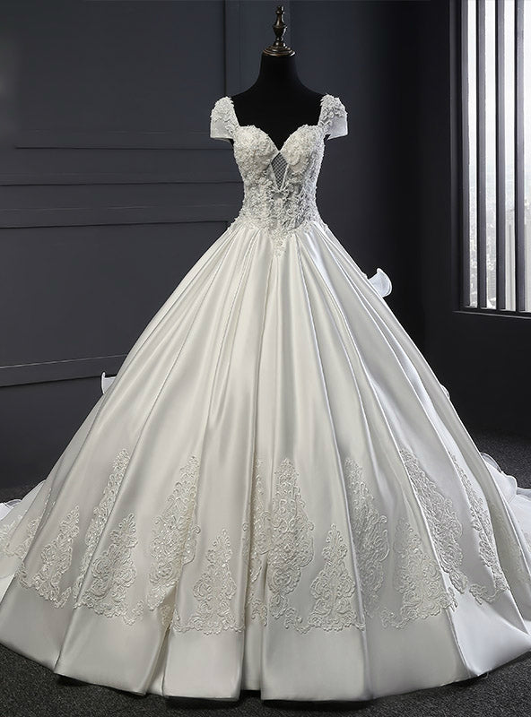 White Tulle Satin Ball Gown V-neck Train Beading Wedding Dress