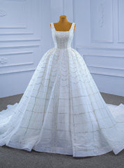 White Tulle Sequins Beading Heavy Work Wedding Dress