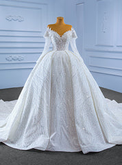 White Tulle Sequins Beading Long Sleeve Luxury Wedding Dress