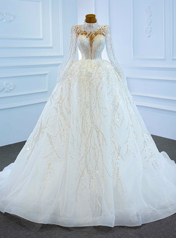 White Tulle Sequins High Neck Long Sleeve Wedding Dress