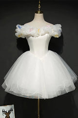 Formal Dress Wear For Ladies, White Tulle Short Off Shoulder Homecoming Dress, White Graduation Dress