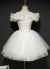 Formal Dress With Sleeves, White Tulle Short Off Shoulder Homecoming Dress, White Graduation Dress