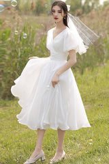 White Organza Short Prom Dress, A-Line Short Wedding Dresses