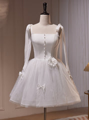 White Tulle Spaghetti Straps Pearls Homecoming Dress