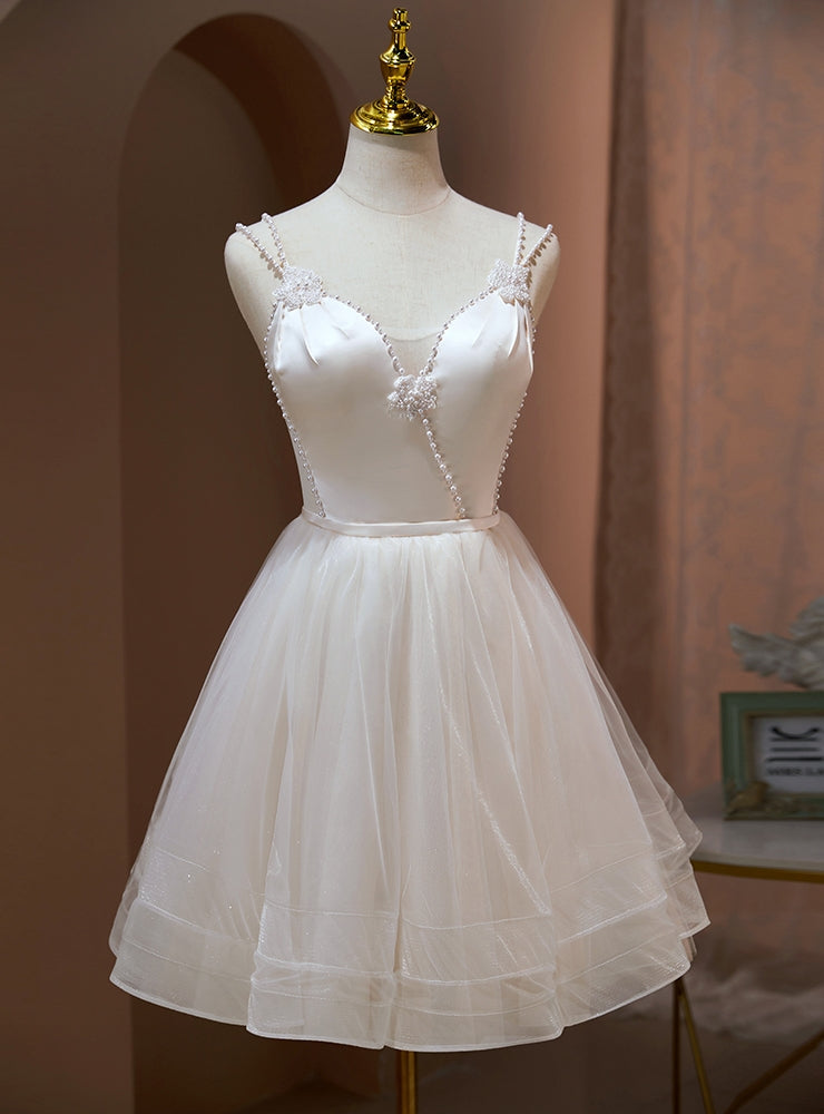 White Tulle Straps Pearls Homecoming Dresses