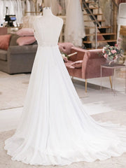 Wedding Dress Online Shops, White V Neck Lace Chiffon Long Wedding Dress, Beach Wedding Dress