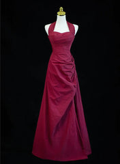 Wine Red A-Line Halter Vintage Style Prom Dress, Wine Red Long Evening Dress