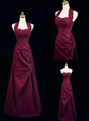 Wine Red A-Line Halter Vintage Style Prom Dress, Wine Red Long Evening Dress