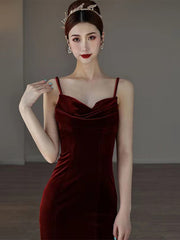 Wine Red Mermaid Straps Long Party Dress, Wine Red Velvet Long Prom Dress