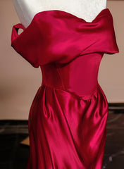 Wine Red Off Shoulder Satin Long Evening Dress, Wine Red Prom Dress