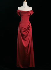 Wine Red Satin Off Shoulder Long Party Dress, Wine Red Satin Prom Dress