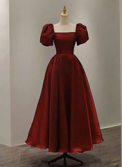 Wedding Dress Unique, Wine Red Short Sleeves Tea Length Wedding Party Dress, Wine Red Prom Dress