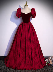 Prom Dressed A Line, Wine Red Sweetheart Short Sleeves Long Party Dress, Wine Red Evening Dress Prom Dress