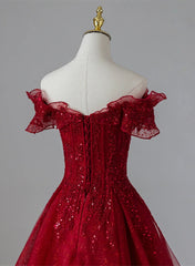 Party Dresses With Sleeves, Wine Red Tulle with Sequins and Lace Party Dress, Wine Red A-line Prom Dress